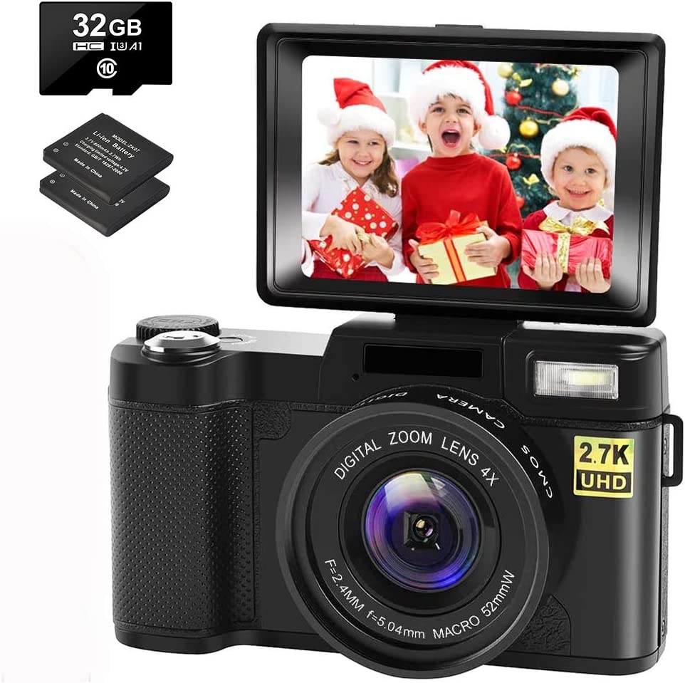 CEDITA Digital Camera Vlogging Camera with YouTube 30MP Full HD 2.7K Vlog Camera with Flip Screen 180° Rotation with 32GB Memory Card and 2 Batteries （Focus Fixed）, Black