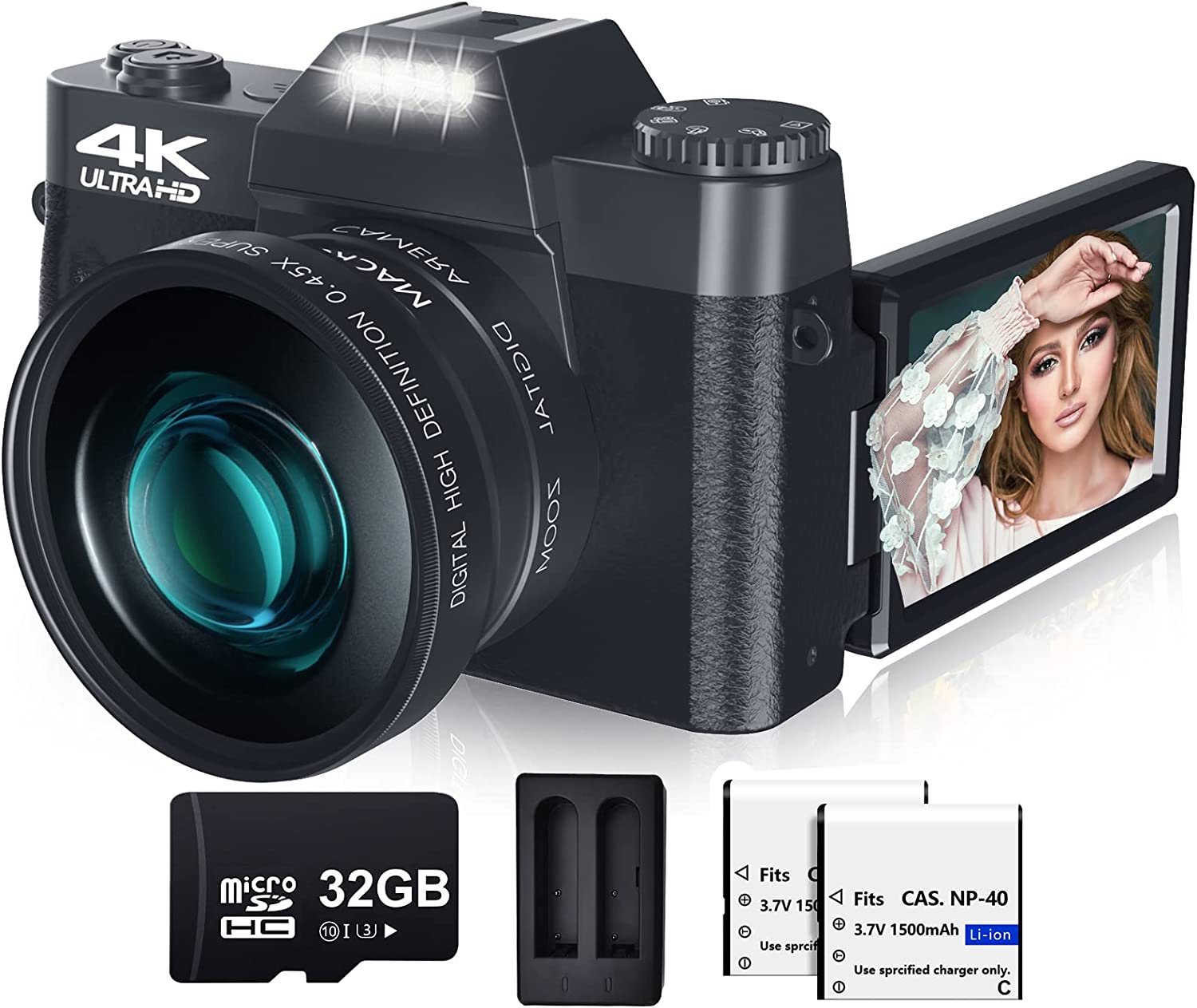 Digital Camera for Photography and Video VJIANGER 4K 48MP Vlogging Camera for YouTube with 180° Flip Screen,16X Digital Zoom,52mm Wide Angle & Macro Lens, 32GB TF Card, 2 Batteries (W01-Black)