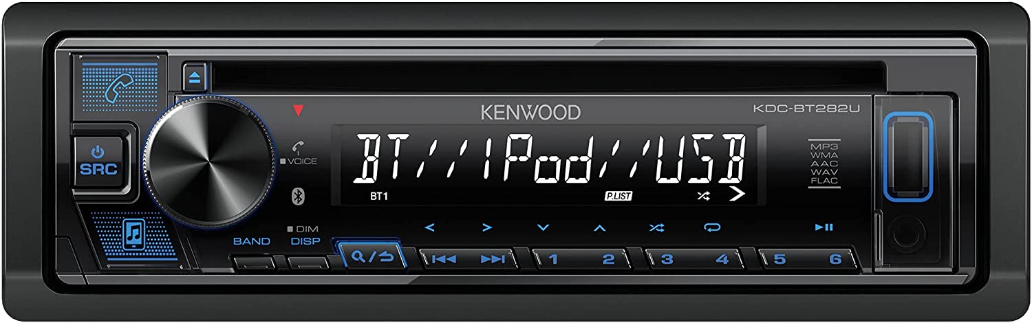 KENWOOD KDC-BT282U CD Car Stereo - Single Din, Bluetooth Audio, USB MP3, FLAC, Aux in, AM FM Radio, Detachable face with White 13-Digit LCD Display and Blue Button Illumination