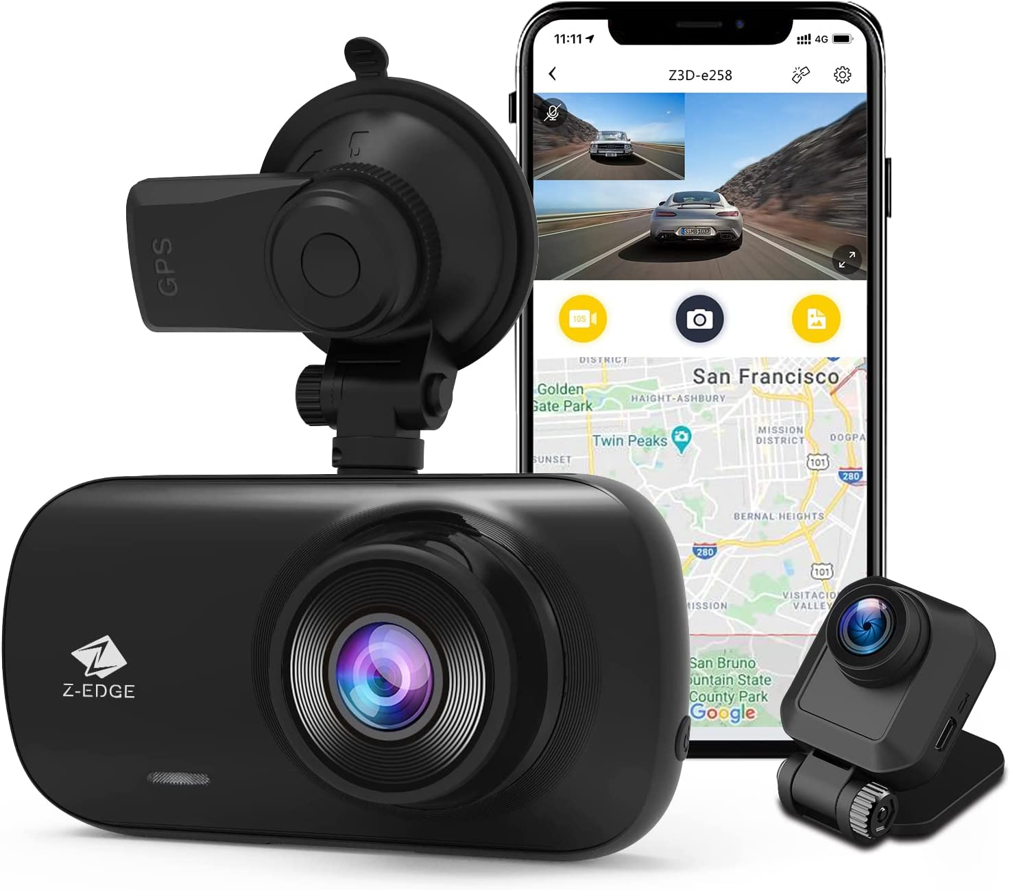 Z-Edge WiFi Dash Cam, 2560x1440P QHD, Front and Rear Dash Cam with GPS, Dual Cam, Car DVR, Night Vision, Parking Mode, G-Sensor, Loop Recording