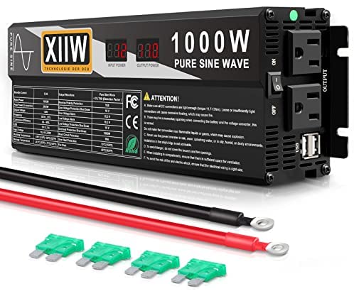 1000W Pure Sine Wave Power Inverter DC 12V to AC 110V Converter with LCD Display, 4 Fuse, Dual AC Outlets and Dual USB Car Inverters for Home Laptop Truck Auto RV Boat Solar, Peak 2000W