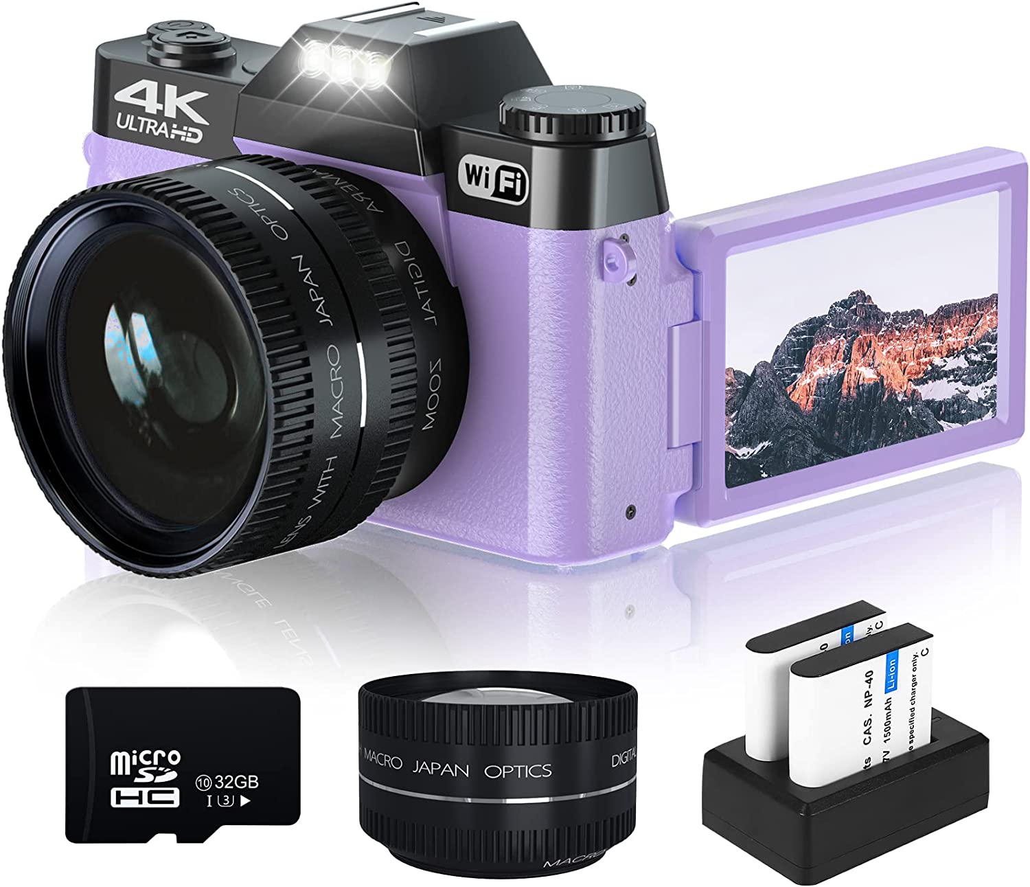 Digital Cameras for Photography, 4K 48MP Vlogging Camera 16X Digital Zoom Manual Focus Rechargeable Students Compact Camera with 52mm Wide-Angle Lens & Macro Lens, 32G Micro Card and 2 Batteries