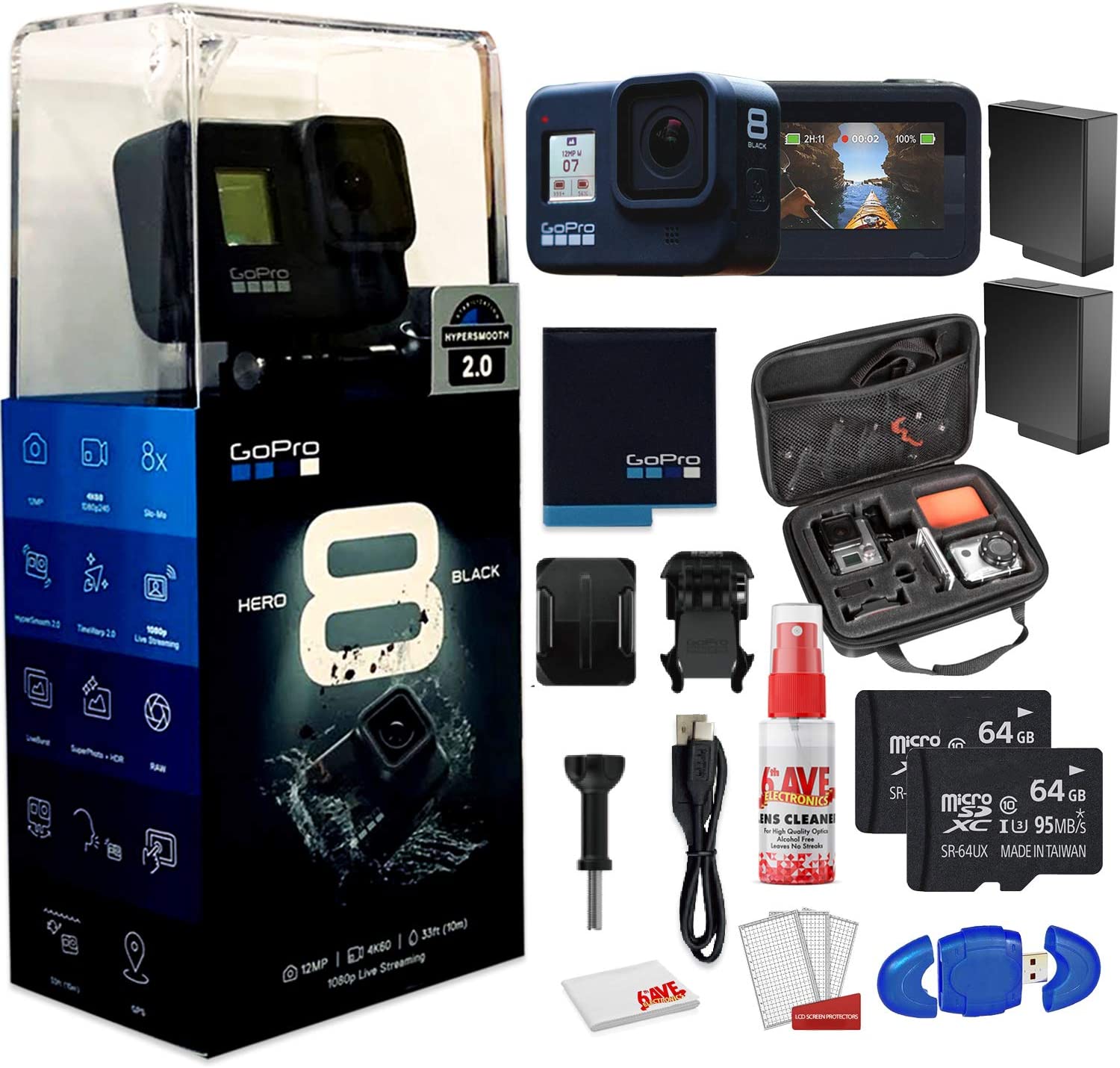 GoPro HERO8 Black Digital Action Camera - Waterproof, Touch Screen, 4K UHD Video, 12MP Photos Live Streaming, Stabilization - with Cleaning Set + Case + 2 x 64GB Memory Card and 2 x Extra Batteries