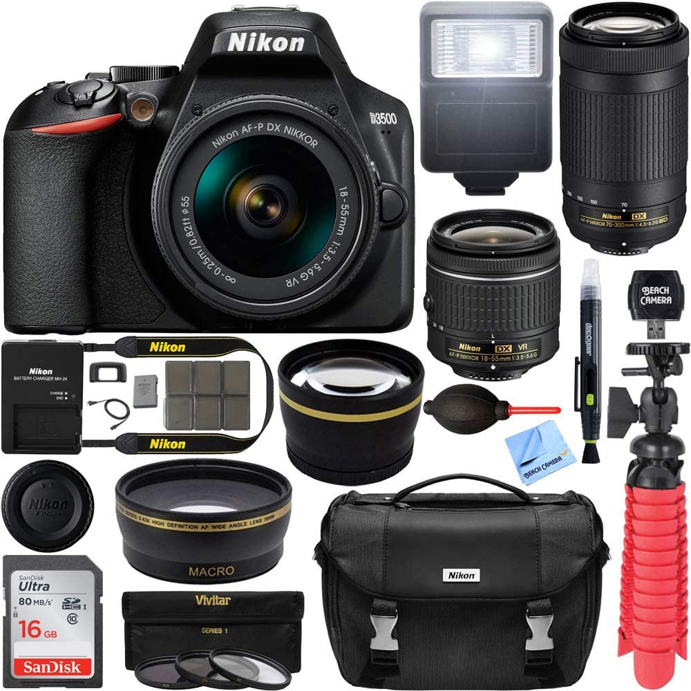 Nikon D3500 24.2MP DSLR Camera with AF-P 18-55mm VR Lens & 70-300mm Dual Zoom Lens Kit 1588 (Renewed) with 16GB Accessory Bundle