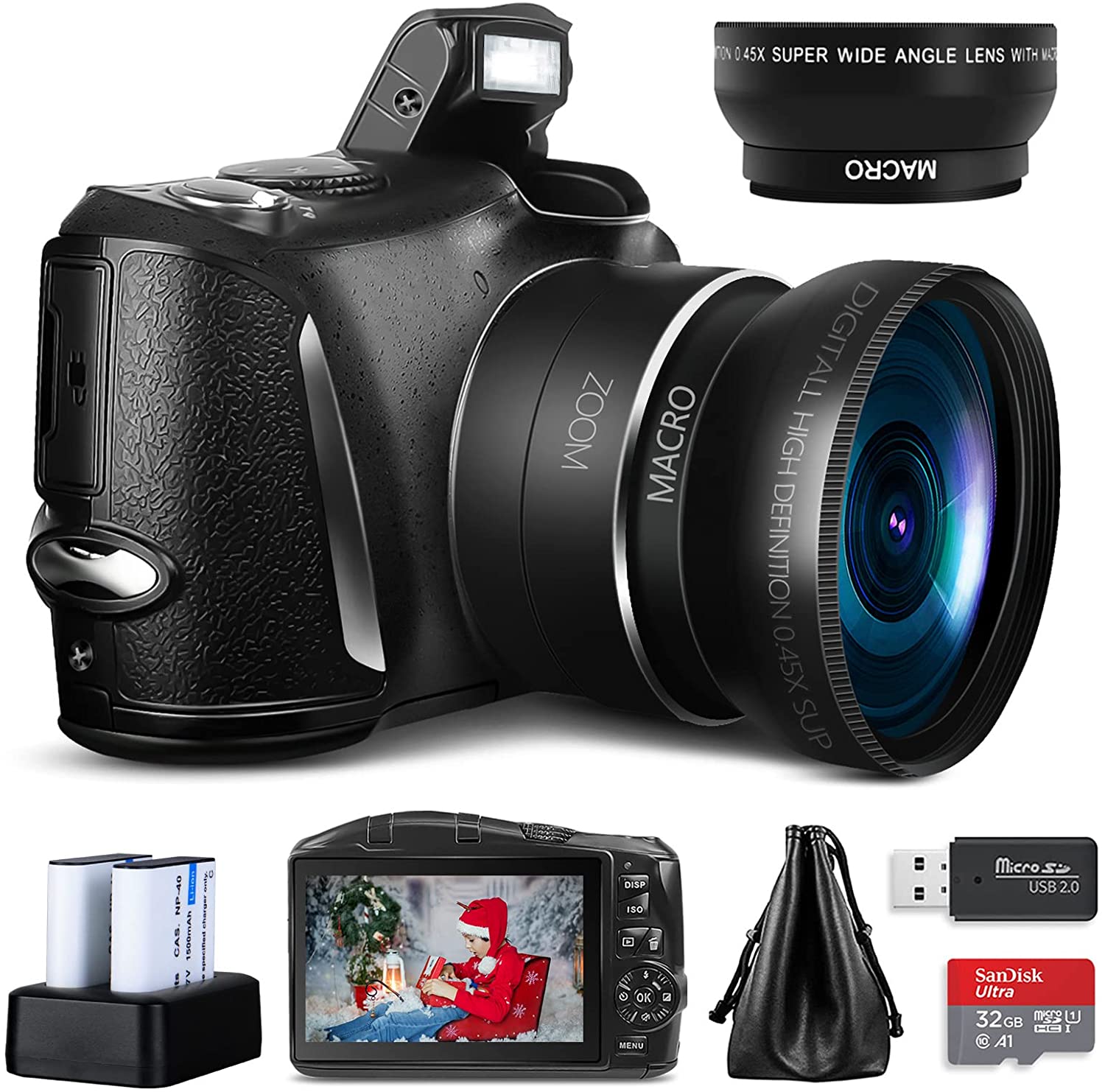 Monitech Digital Camera 4K 48MP Vlogging Camera, Camera for Photography with 2 Batteries,32GB SD Card, 16x Digital Zoom, 3.0 inch Screen,Compact Camera for Beginners