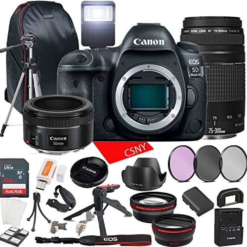 Canon EOS 5D Mark IV DSLR Camera w/EF 50mm F/1.8 STM Lens + 75-300mm F/4-5.6 III Lens + 64GB Memory + Back Pack Case + Tripod, Lenses, Filters, & More (28pc Bundle)