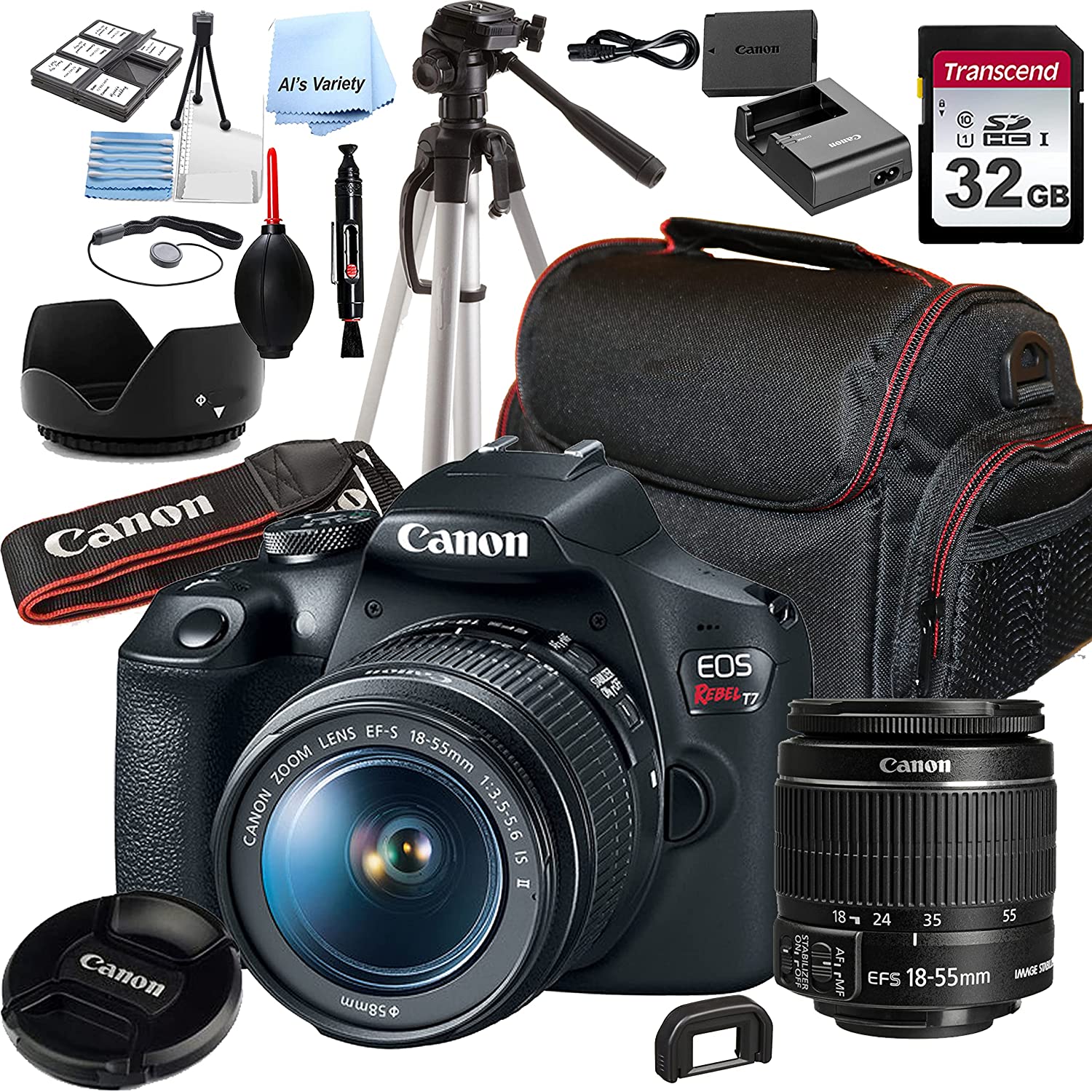 Canon EOS Rebel T7 DSLR Camera w/EF-S 18-55mm F/3.5-5.6 Zoom is II Lens + 32GB Memory + Case + Tripod (20pc Bundle)