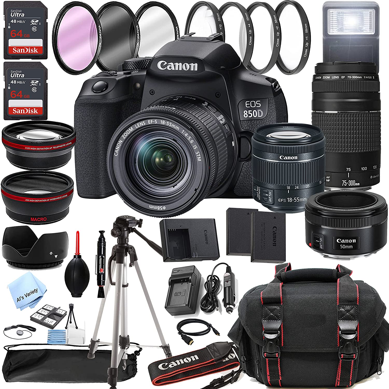 Canon EOS 850D (Rebel T8i) DSLR Camera w/EF-S 18-55mm F/4-5.6 is STM Zoom Lens + 75-300mm F/4-5.6 III Lens + EF 50mm f/1.8 STM Lens + 128GB Memory + Case + Tripod + Filters (40pc Bundle)