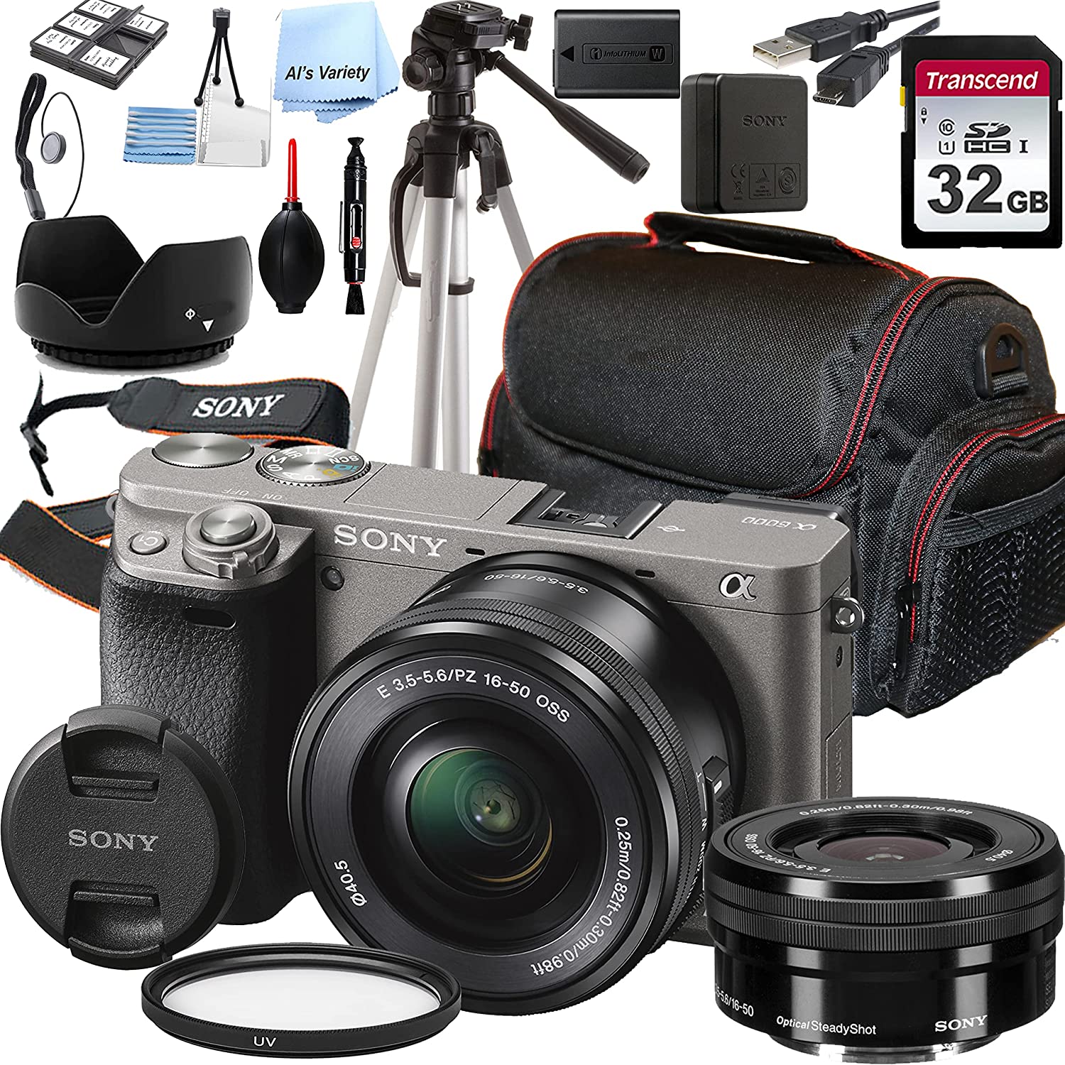 Sony a6000 Mirrorless Digital Camera(Graphite) with 16-50mm Lens + 32GB Card, Tripod, Case, and More (18pc Bundle)