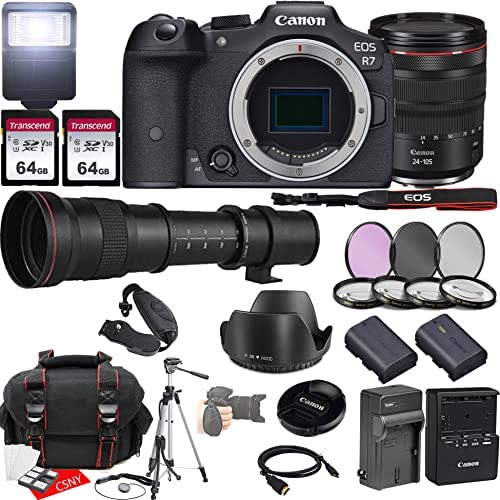 Canon EOS R7 Mirrorless Camera w/RF 24-105mm f/4 L is USM Lens + 420-800mm f/8.3 HD Manual Telephoto Lens + 2X 64GB Memory + Hood + Case + Filters + Tripod & More (35pc Bundle)