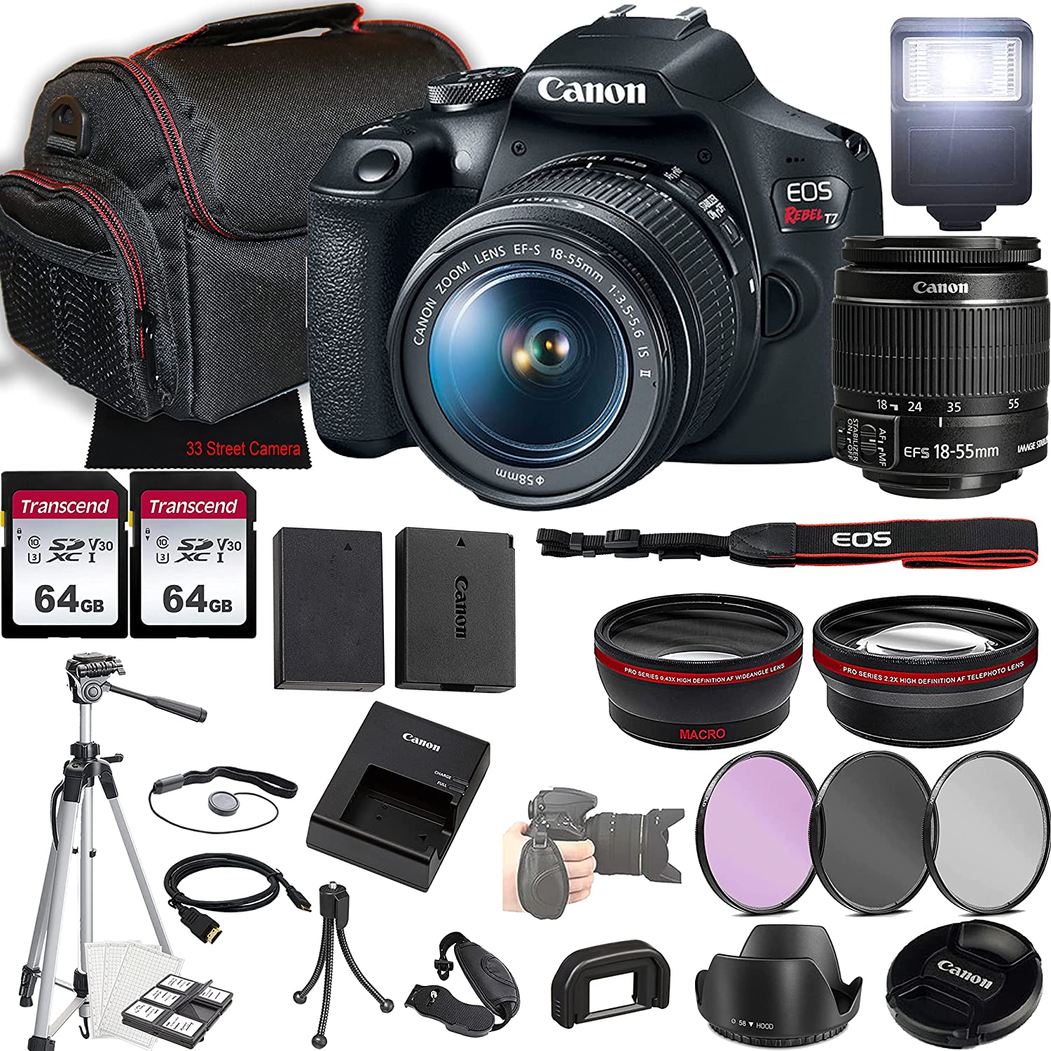 Canon EOS Rebel T7 DSLR Camera w/EF-S 18-55mm f/3.5-5.6 is II Lens + 2X 64GB Memory + Case + Filters + Tripod + More (35pc Bundle)