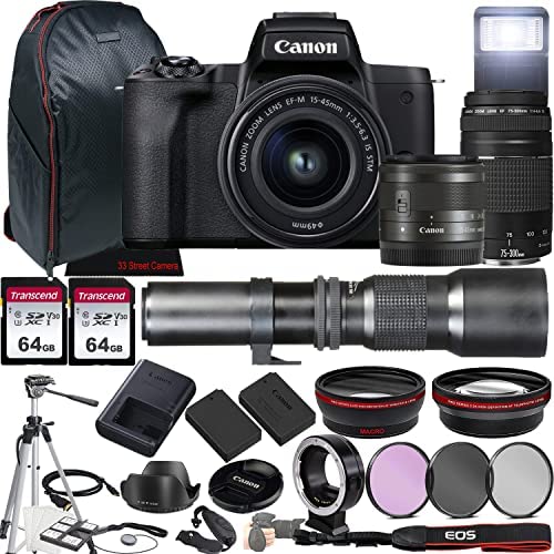 Canon EOS M50 Mark II Mirrorless Camera w/EF-M 15-45mm f/3.5-6.3 is STM Lens + EF 75-300mm f/4-5.6 III Lens + 500mm f/8 Focus Lens + 2X 64GB Memory + Case + Filters + Tripod + More (35pc Bundle)