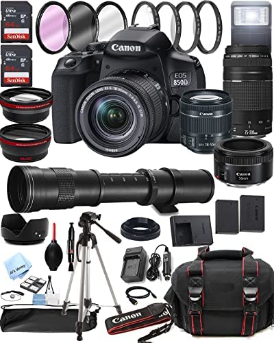 Canon EOS 850D (Rebel T8i) DSLR Camera w/EF-S 18-55mm F/4-5.6 is STM Lens + 75-300mm F/4-5.6 III Lens + 50mm f/1.8 STM Lens + 420-800mm Super Telephoto Lens + 128GB Memory (42pc Extreme Bundle)