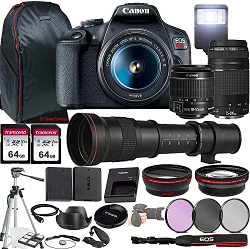 Canon EOS Rebel T7 DSLR Camera w/EF-S 18-55mm f/3.5-5.6 is II Lens + EF 75-300mm f/4-5.6 III Lens + 420-800mm f/8.3 HD Lens + 2X 64GB Memory + Case + Filters + Tripod + More (35pc Bundle)