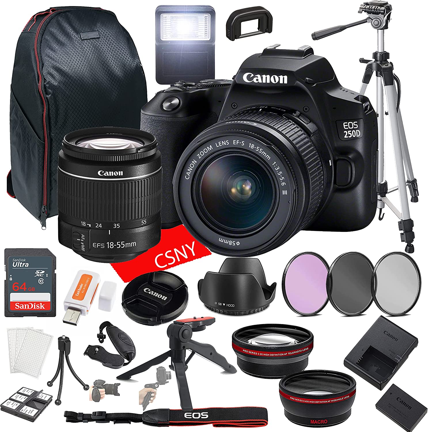 Canon EOS 250D (Rebel SL3) DSLR Camera w/EF-S 18-55mm F/3.5-5.6 Zoom Lens + 64GB Memory + Back Pack Case + Tripod, Lenses, Filters, & More (28pc Bundle)