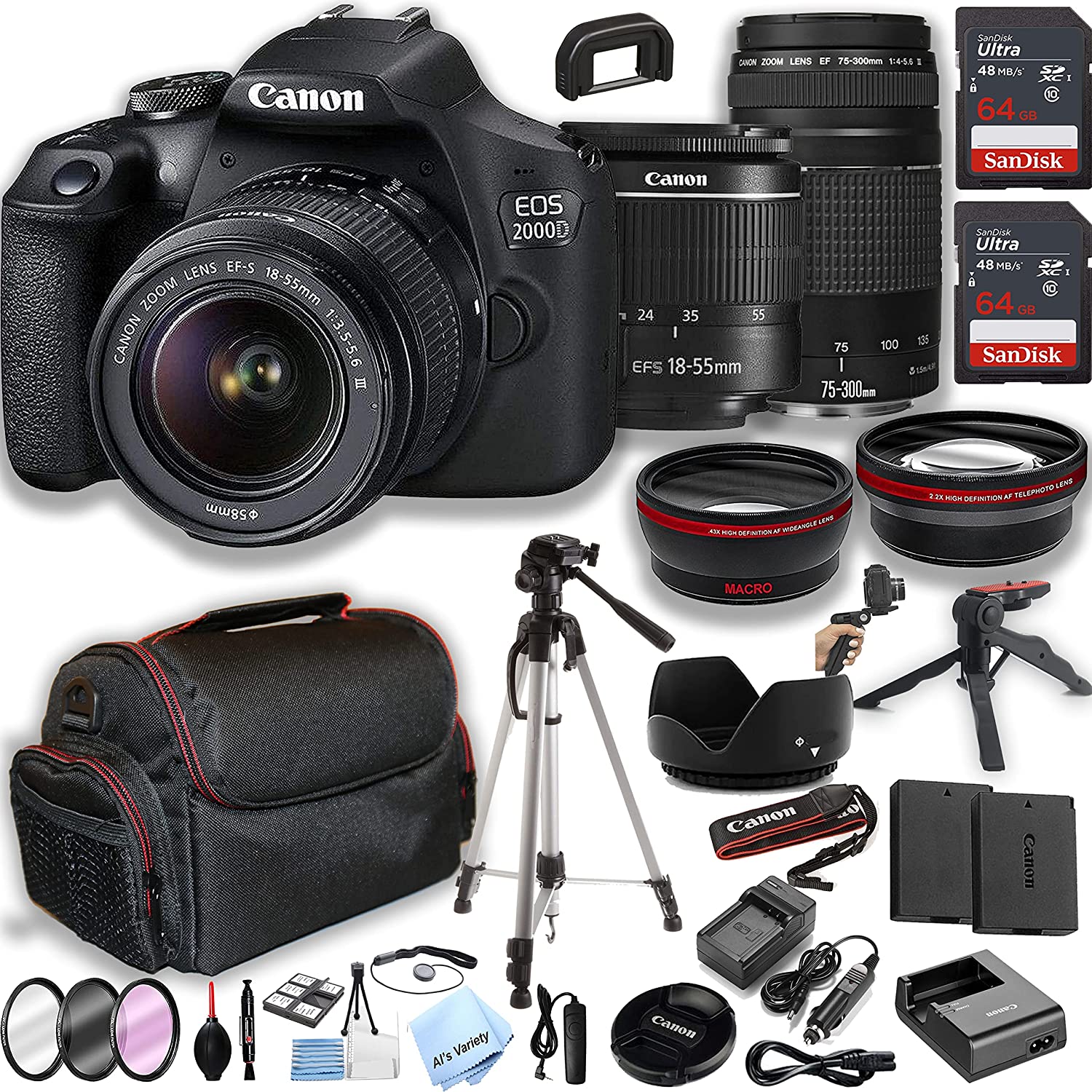 Canon EOS 2000D / Rebel T7 DSLR Camera w/EF-S 18-55mm Zoom Lens + 75-300mm Lens + 2pcs 64GB Memory + Case+ Tripod + Steady Grip Pod + Filters + Macro + 2X Lens + 2X Batteries + More (35pc Bundle)