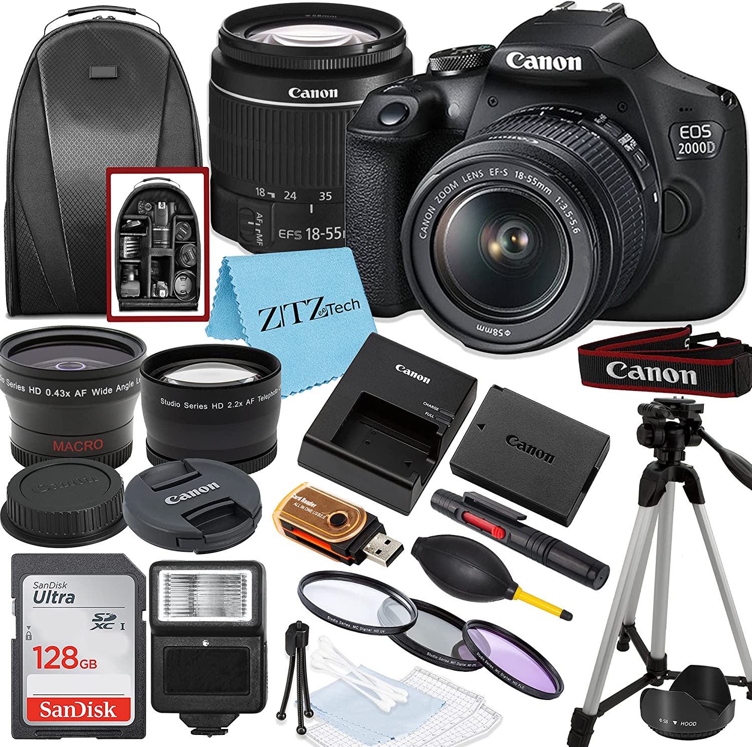 Canon EOS 2000D / Rebel T7 DSLR Camera with EF-S 18-55mm Zoom Lens + SanDisk 128GB Memory Card + Tripod + Case + Wideangle Lenses + ZeeTech Accessory Bundle (20pc Bundle) (Renewed)