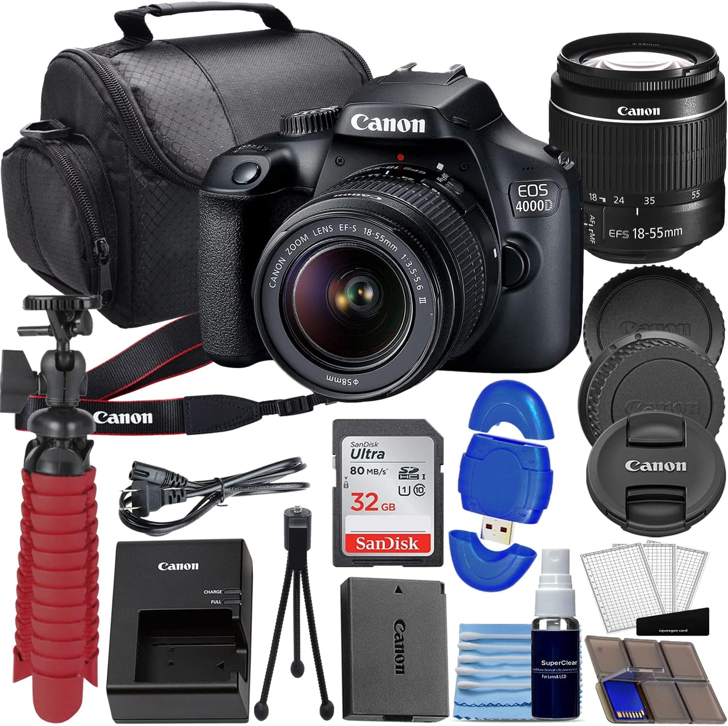 Canon EOS 4000D / Rebel T100 DSLR Camera w/EF-S 18-55mm f/3.5-5.6 Lens Kit Bundled with 32GB Memory, Carrying Case, 12" Gripster Flex Tripod + More (Renewed)