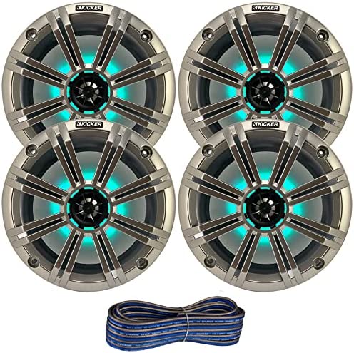 2 Pair (Qty 4) of Kicker 8" 2-Way 300 Watts Max Power Coaxial Marine Audio Multicolor LED Speakers with Silver Grilles, 50-Feet 16-Gauge Speaker Wire