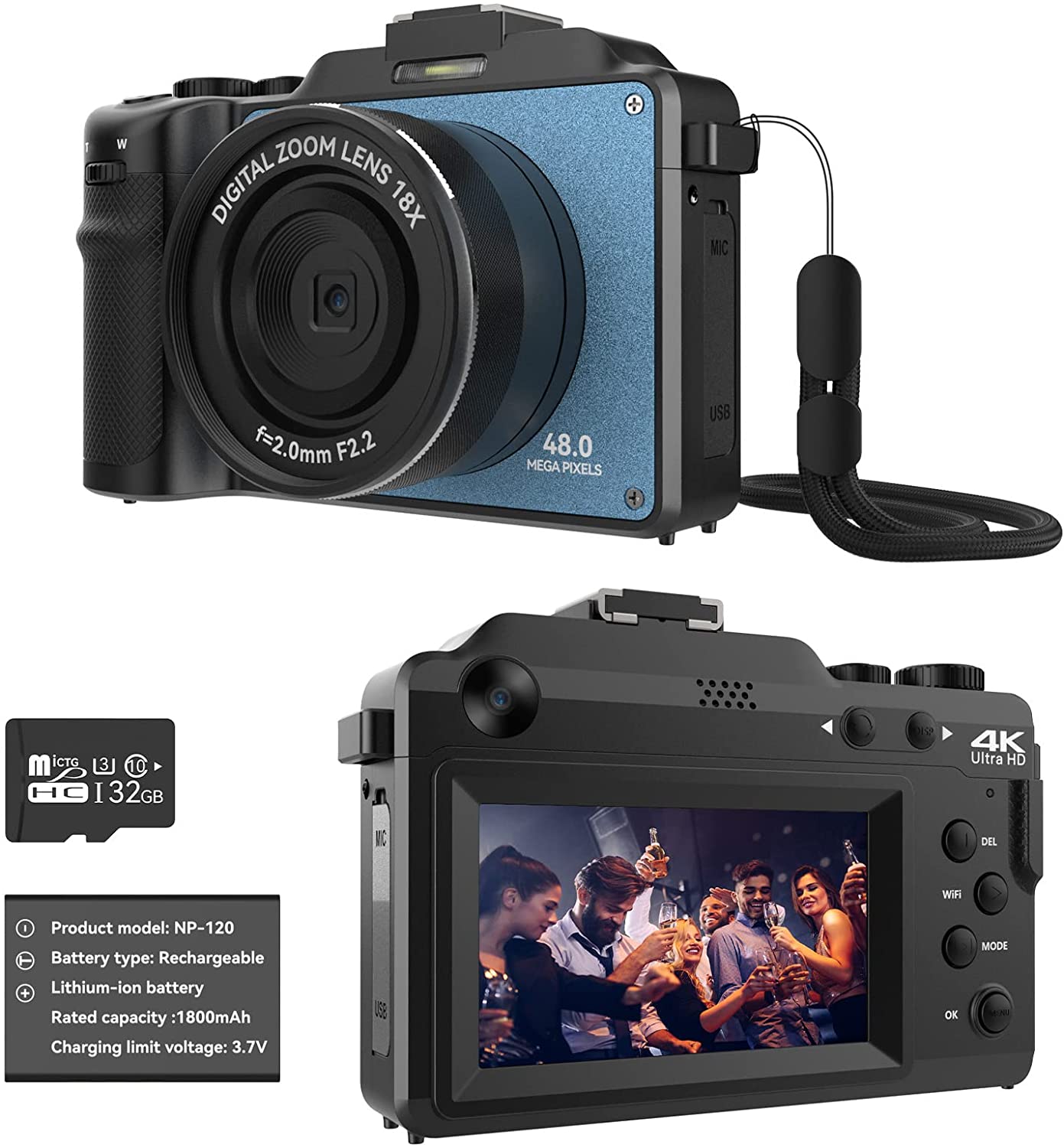 48MP Digital Camera for Photography,4K Camera with Front and Rear Dual Cameras,18X Digital Zoom,Built-in 7 Color Filters,3.0-inch Screen,32GB TF Card,Wrist Strap & Rechargeable Battery(Ultramarine)