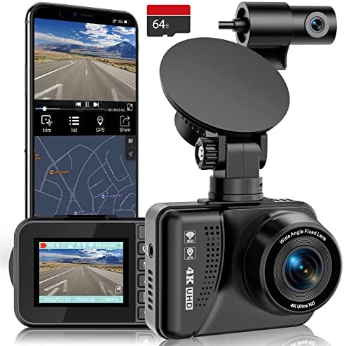 4K Dash Cam Front and Rear, Dual Dash Cam Built-in WiFi GPS Front 4K/2.5K Rear 1080P Dash Camera Car Camera Recorder, Sony Sensor, Supercapacitor, Included 64GB Card, Support 256GB Max (Bright Black)