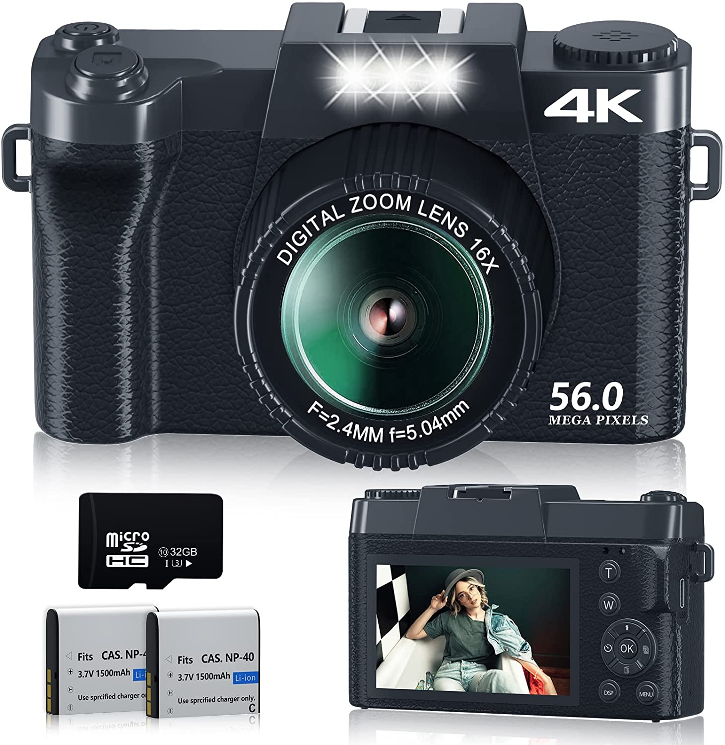 4K Digital Camera for Photography NIKICAM 56MP Vlogging Camera for YouTube with Manualfocus, Point and Shoot Camera with 16X Digital Zoom(Include 32GB TF Card & 2 Rechargeable Batteries) -Black3