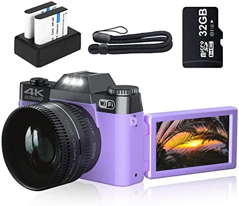 4K Digital Camera for Photography VJIANGER 48MP Vlogging Camera for YouTube with 3.0’’ 180° Flip Screen, WiFi, 16X Digital Zoom, Wide Angle & Macro Lens, 2 Batteries, 32GB Micro SD Card(W02-Purple30)