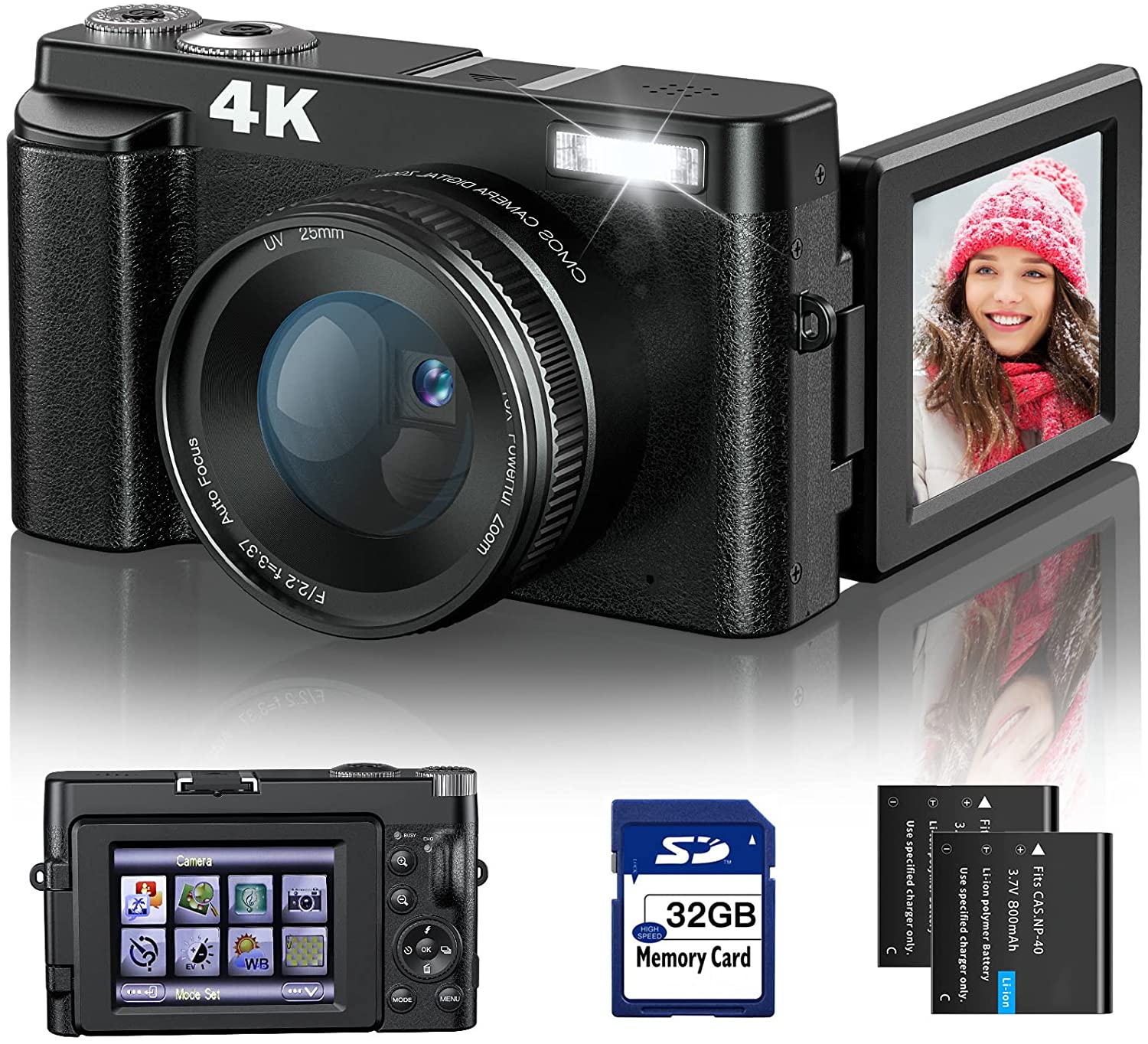 4K Digital Camera for Photography and Video [Autofocus & Anti-Shake] 48MP Vlogging Camera with SD Card, 3'' 180° Flip Screen Compact Camera with Flash, 16X Digital Zoom Travel Camera (2 Batteries)