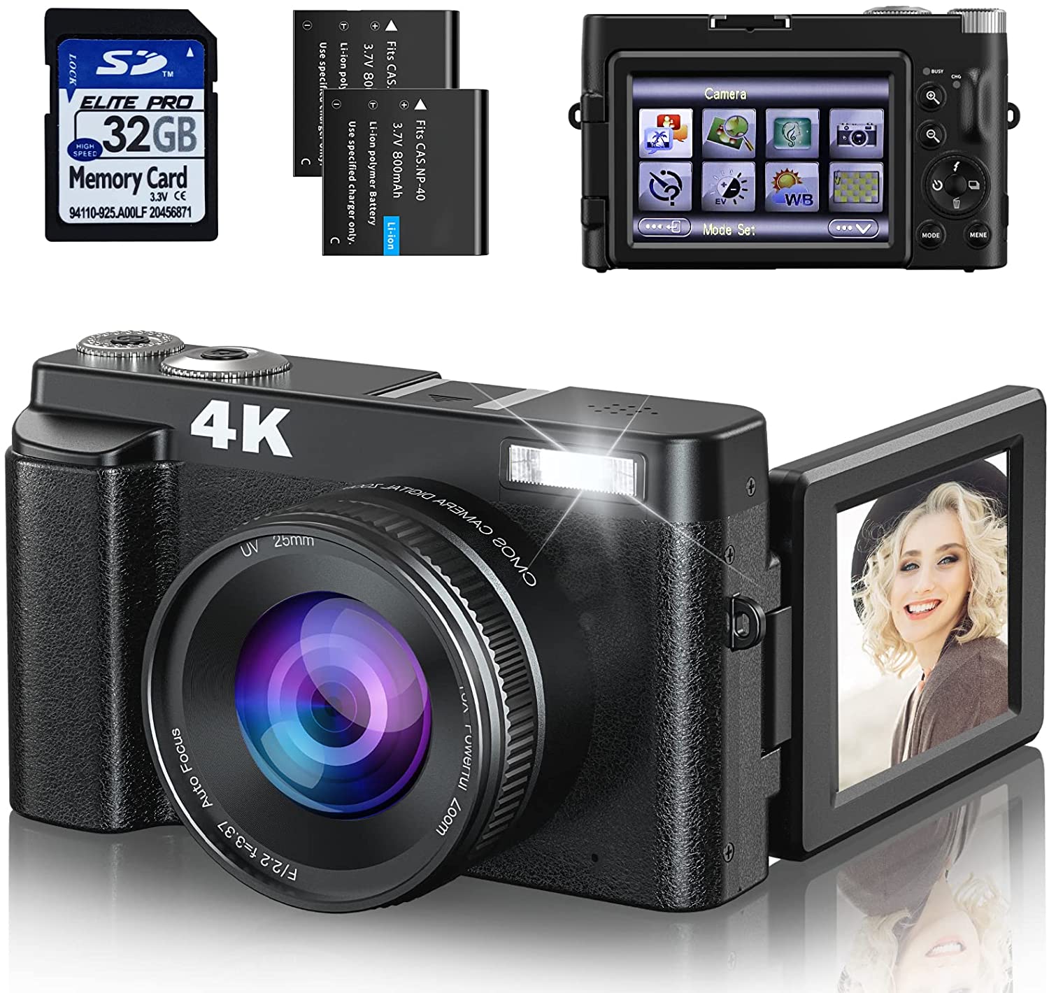 4K Digital Camera with SD Card [Autofocus & Anti-Shake] 48MP Video Camera for Beginners' Photography Vlogging YouTube, 16X Zoom 180° Flip Screen Compact Travel Camera with 2 Rechargeable Batteries