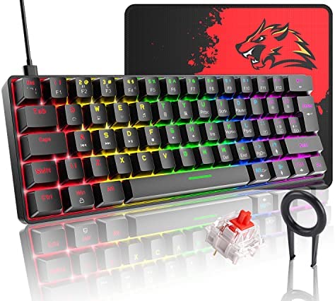 60% True Mechanical Gaming Keyboard Ultra-compact with 20 Rainbow Backlit Type C Wired Programmable 62 Keys Linear Red Switch Waterproof Non-Conflict and Gaming Mouse Pad  for PC/Laptop/PS5（Black)