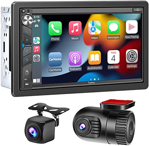 7" Double Din Car Stereo with Dash Cam, Supporting Carplay, Android Auto, Bluetooth, AHD Backup Camera, Full HD Touchscreen, Mirror Link, Subw, USB/TF/AUX, AM/FM Car Radio