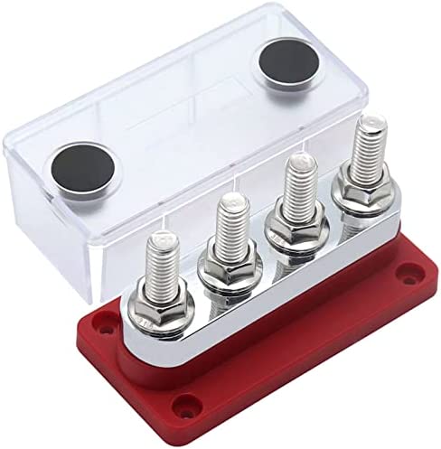 AMOMD 12-48V 600A Bus Bar 4-Studs (3/8") M10 High Current Copper Busbar Terminal Block Marine Battery Ground Distribution Block with Cover (Red)