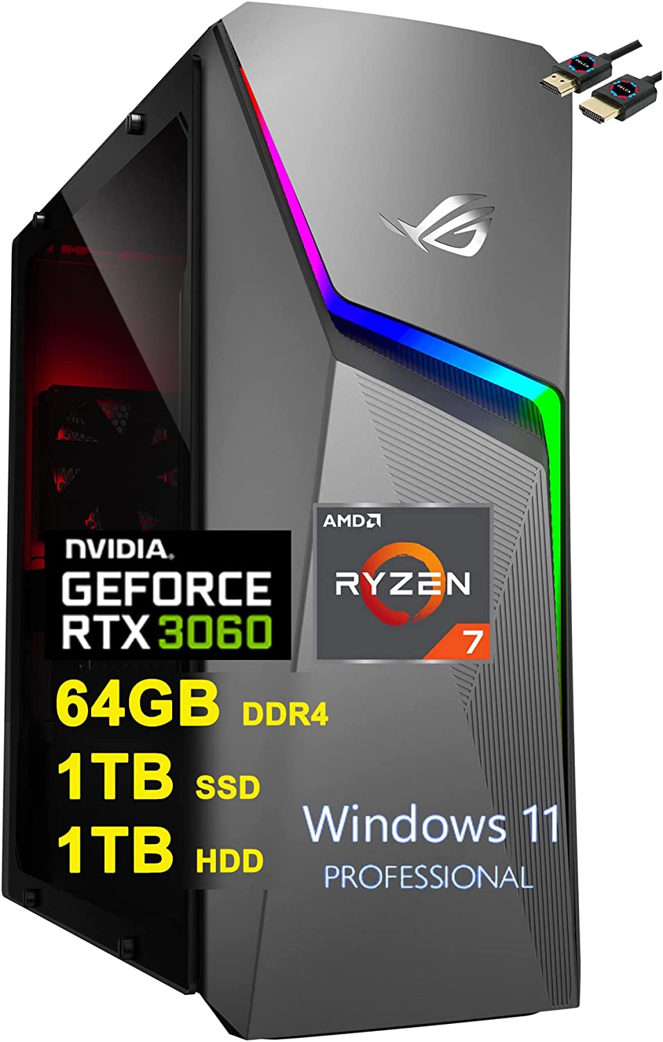 ASUS ROG Strix G10DK Gaming Desktop Computer | AMD 8-Core Ryzen 7 5800X (>i7-11700F) | 64GB DDR4 1TB SSD + 1TB HDD | NVIDIA Geforce RTX 3060 12GB Graphic | Aura SYNC Win11Pro Grey + HDMI Cable