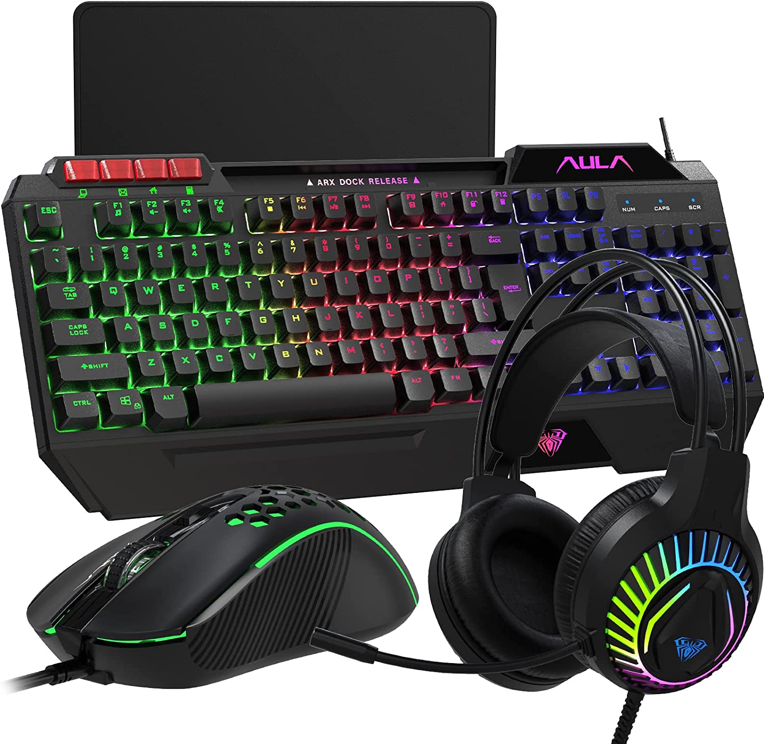 AULA Gaming Keyboard Mouse Headset and Mousepad Combo, Rainbow LED Backlit Gaming Keyboard Mouse Set, USB Wired Bundle for PC Computer Laptop Gamer