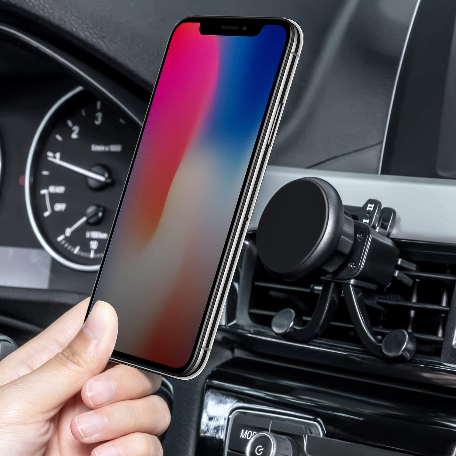 Amoner Car Phone Mount with 6 Powerful Rare-Earth Magnets, Durable Aluminium Alloy Structure, Super Sticky Suction Cup, Air Vent Phone Holder for All Phone