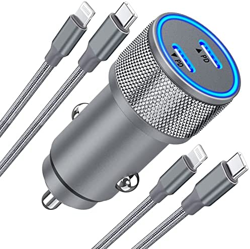 [Apple MFi Certified] iPhone Fast Car Charger, Linocell 60W Dual USB-C PD All Metal Car Charger Adapter + 2Pack Type-C to Lightning Cable Quick Car Charging for iPhone 14 13 12 11 Pro Max/XS/XR/X/iPad