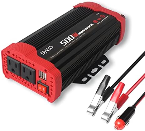 BYGD 500W Car Power Inverter, DC 12V to 110V AC Vehicle Converter with 2 AC Outlets 2 USB Quick Charging Ports, Dual Connection Method by Using Cigarette Lighter Cable or Battery Clamp for Electronics