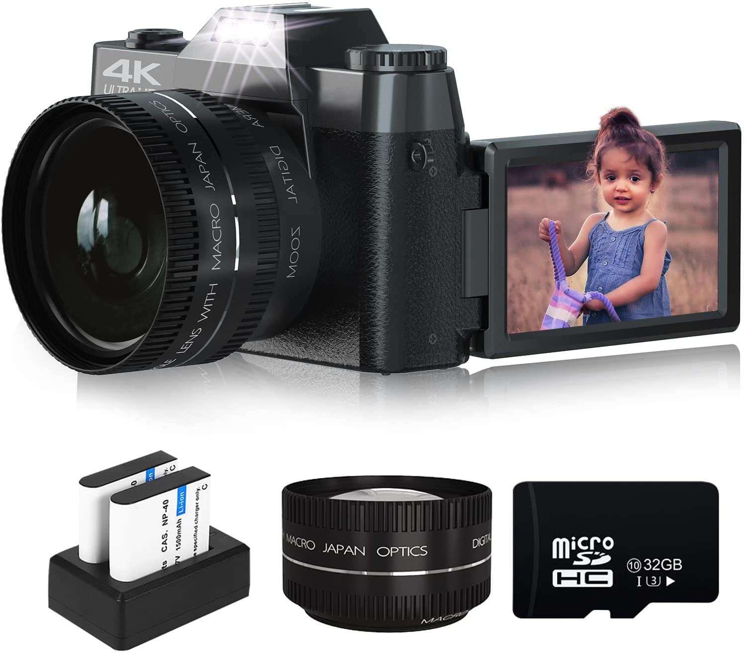 Cámaras digitales para fotoggrafía, cámara de vlogging 4K para YouTube con luz de llenado integrada, zoom digital 16X, enfoque manual, lente gran angular de 2.047 in y lente macro, tarjeta TF de 32GB y 2 baterías