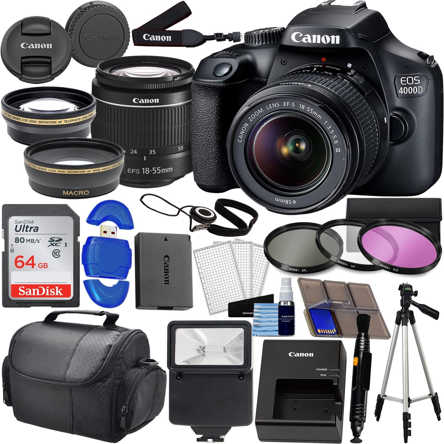 Camera EOS 4000D DSLR (Rebel T100) W/ 18-55mm Zoon Lens Kit |18 Megapixels CMOS | HD Video + Wide Angle Lens + Telephoto Lens, 64GB Memory, 3PC Filter Kit, Case, Tripod + More (31PC Bundle)