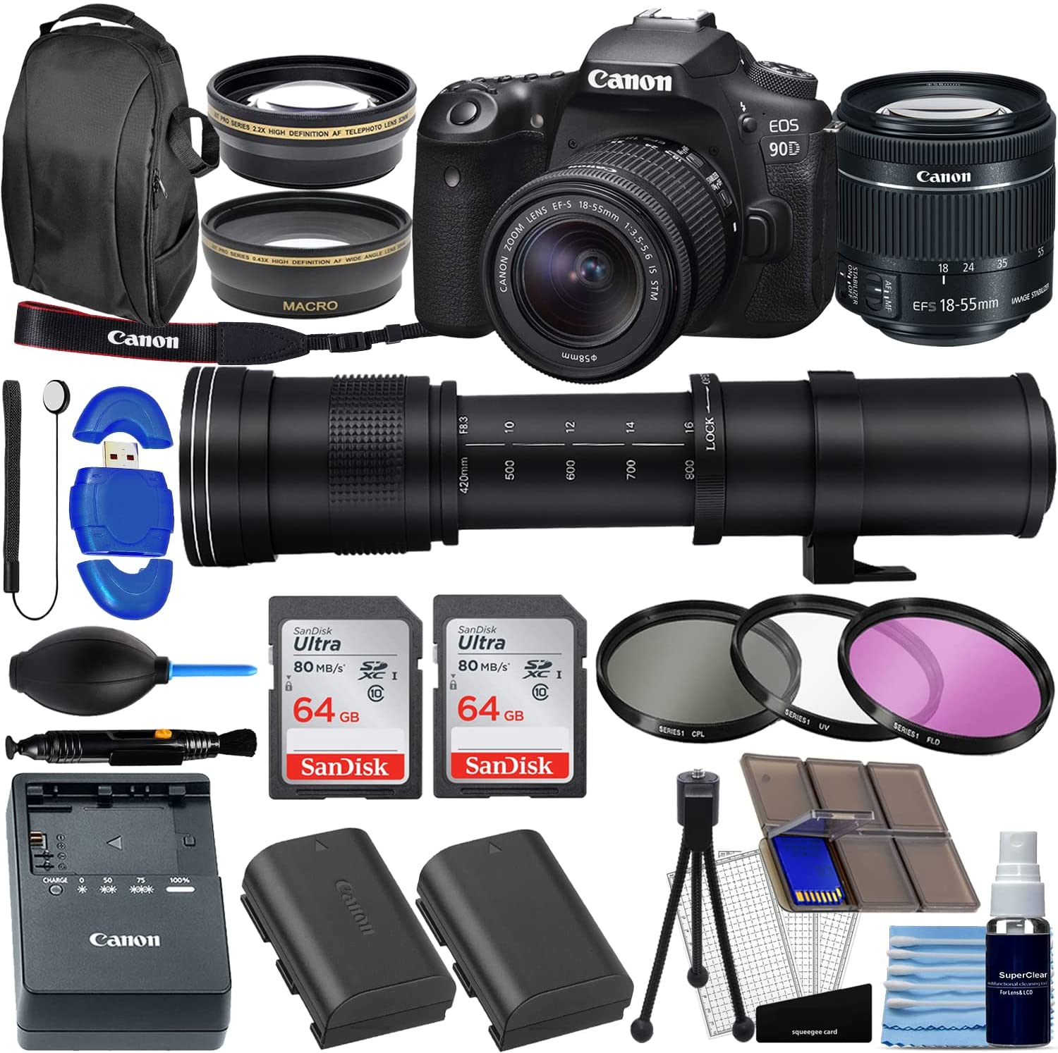 Camera EOS 90D DSLR Camera with EF-S 18-55mm f/4-5.6 is STM Lens + 420-800mm Super Zoom Lens Bundle with 128GB Memory + Wide Angle Lens + Telephoto Lens + 3pc Filter Kit + Extra Battery + Pro Kit