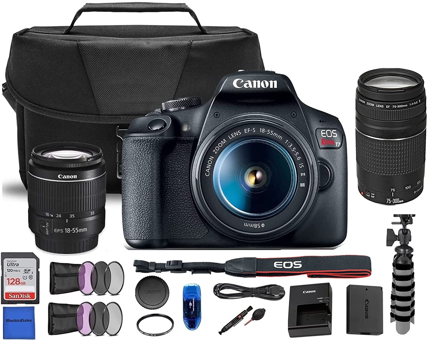 Camera EOS Rebel T7 DSLR Camera w/EF-S 18-55mm F/3.5-5.6 Lens + EF 75-300mm f/4-5.6 III Lens + Deluxe Case + Sandisk 128GB Memory Card + 3pc Filter Kit + Tripod + Card Reader + Cleaning Kit