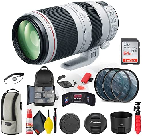 Canon EF 100-400mm f/4.5-5.6L is II USM Lens (9524B002) with Filter Kit, Backpack, 64GB Card,Card Reader, Flex Tripod, Memory Wallet, Cap Keeper, Cleaning Set, Hand Strap and More (Renewed)