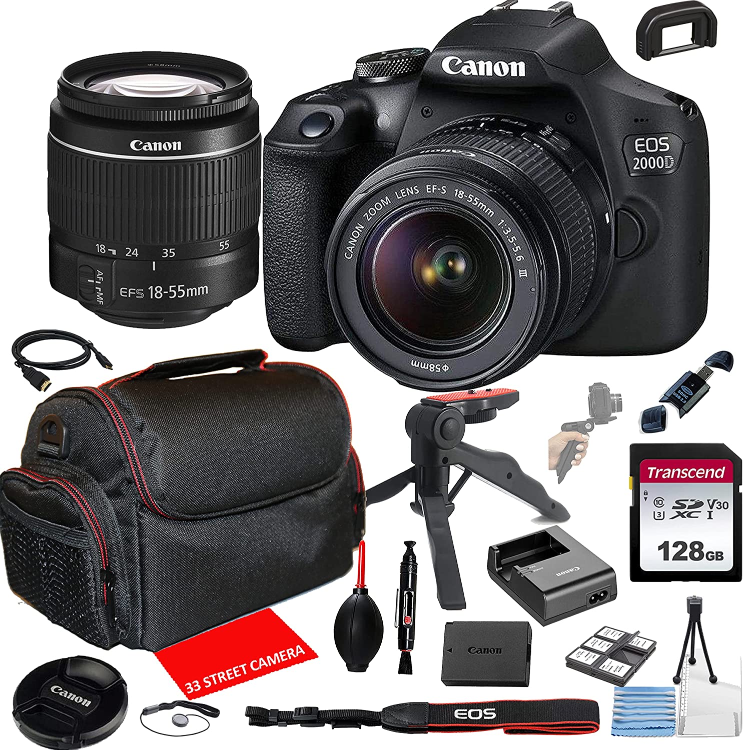 Canon EOS 2000D (Rebel T7) DSLR Camera w/EF-S 18-55mm F/3.5-5.6 Zoom is II Lens + 128GB Memory + Case + Tripod (20pc Bundle)