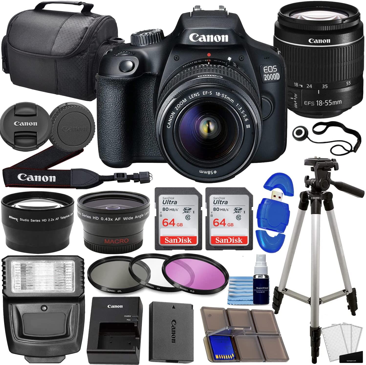 Canon EOS 2000D / Rebel T7 DSLR Camera w/EF-S 18-55mm f/3.5-5.6 Lens 3 Lens Kit Bundled with 128GB Memory + Wide Angle Lens + Telephoto Lens + Flash + More (Renewed)