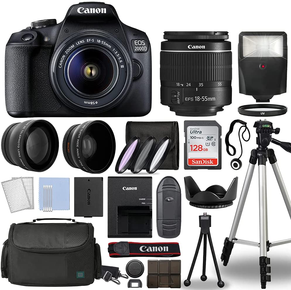 Canon EOS 2000D / SLR Camera + 3 Lens Kit 18-55mm + 16GB + Flash & More European Model [No Warranty] (Renewed)