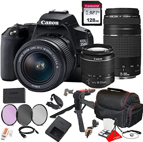 Canon EOS 250D (Rebel SL3) DSLR Camera w/EF-S 18-55mm F/3.5-5.6 Zoom Lens + 75-300mm F/4-5.6 III Lens + 128GB Memory + Case + Filters + Tripod + 3 Piece Filter Kit + More (26pc Bundle)