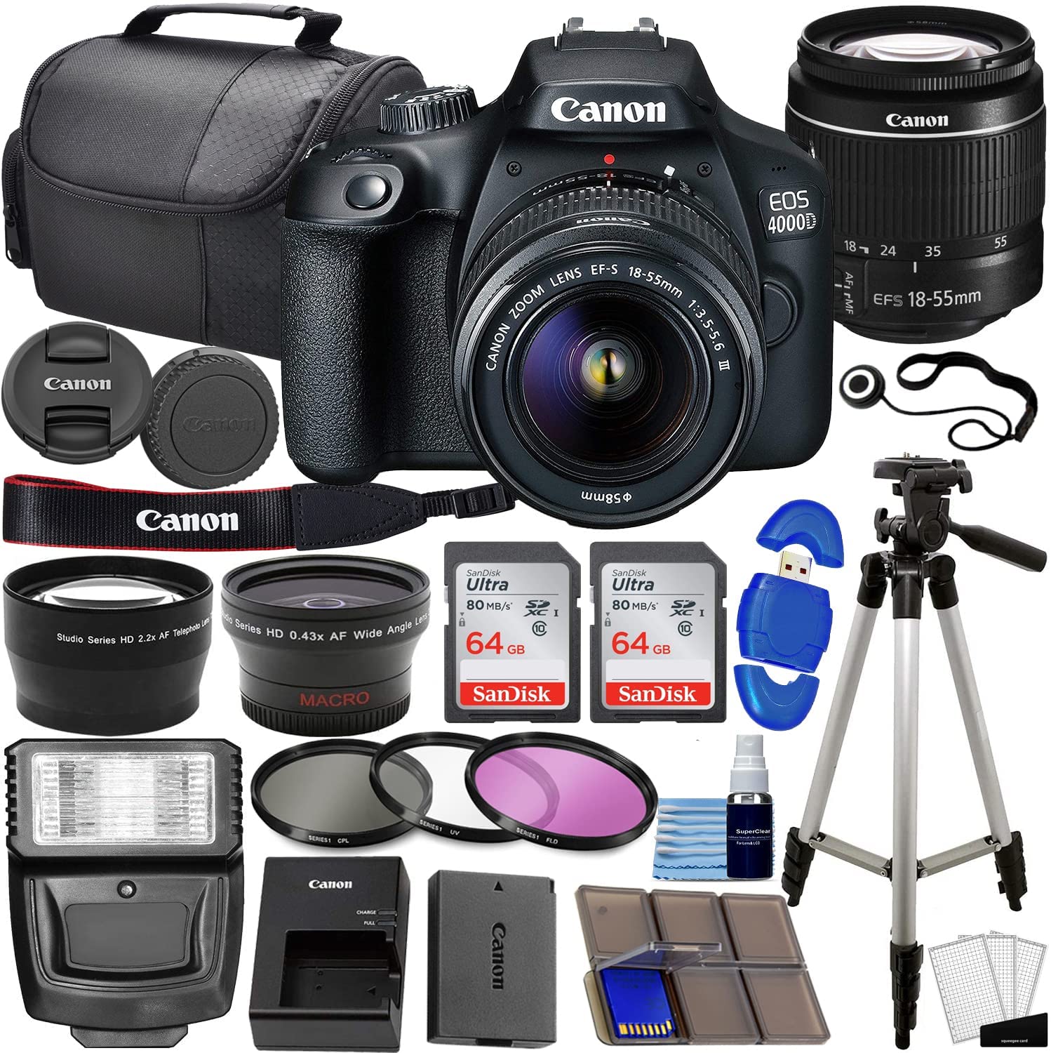 Canon EOS 4000D / Rebel T100 DSLR Camera w/EF-S 18-55mm f/3.5-5.6 Lens 3 Lens Kit Bundled with 128GB Memory + Wide Angle Lens + Telephoto Lens + Flash + More (Renewed)