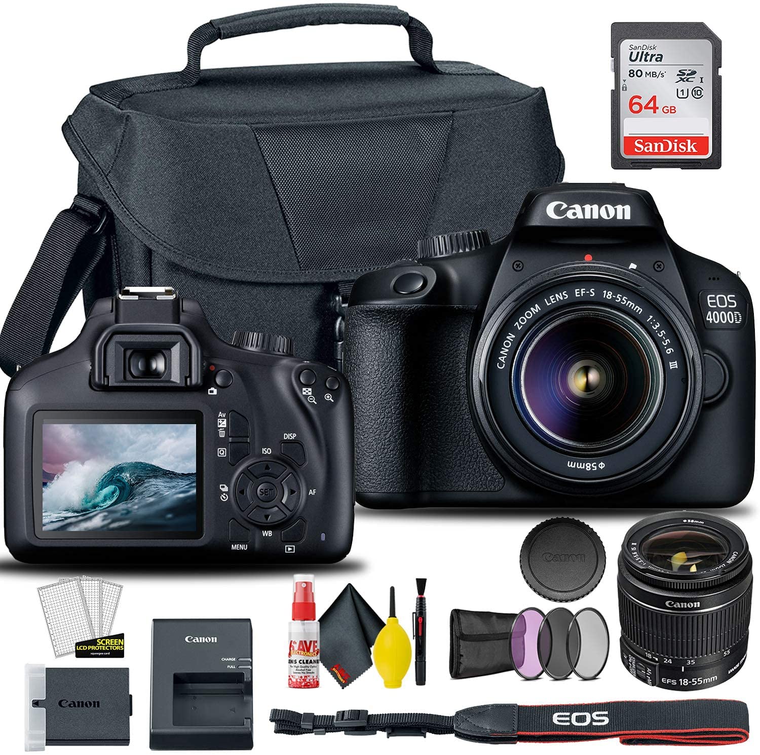 Canon EOS 4000D / Rebel T100 DSLR Camera with 18-55mm Lens + Creative Filter Set, EOS Camera Bag + Sandisk Ultra 64GB Card + 6AVE Electronics Cleaning Set, and More (International Model) (Renewed)