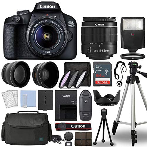 Canon EOS 4000D / Rebel T100 Digital SLR Camera Body w/Canon EF-S 18-55mm f/3.5-5.6 Lens 3 DSLR Kit Bundled with Complete Accessory Bundle + 64GB Flash & More - International Model (Renewed), Black