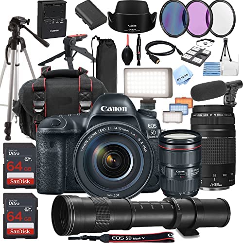 Canon EOS 5D Mark IV DSLR Camera w/EF 24-105MM L is II USM + 75-300mm + 420-800mm Super Telephoto Lens + LED Always on Light + 128GB Memory, Filters, Case, Tripod + More (34PC Bundle Kit)